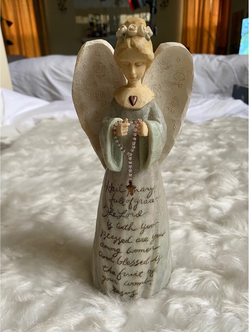 Angel Figurine with Rosary and Inspirational Inscription